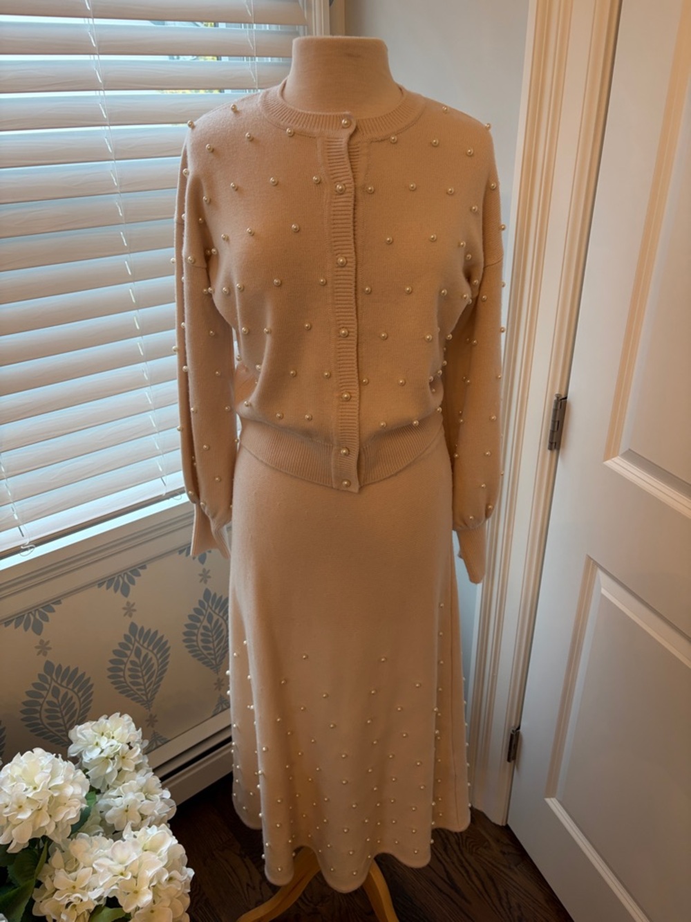 Zimmermann Cream Pearl-Embellished Knit Skirt Set size 2 & 3